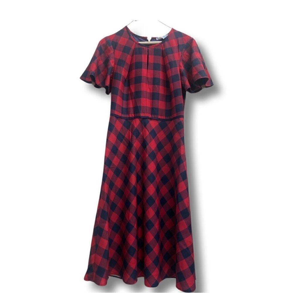 DRAPER JAMES | red navy blue tartan plaid fit and flare short sleeve dress 4
